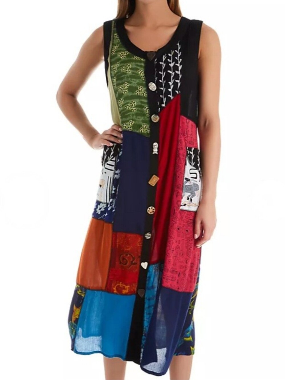 La Cera Artsy Patchwork Dress Sleeveless Midi Boho Button Front Pockets XL